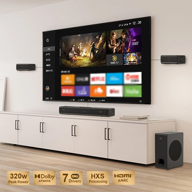 Barra De Sonido Hiwill A41 Pro 320w Dolby Atmos, Barra De Sonido De 4.1 Canales Con Bluetooth, Sistema De Sonido Envolvente, 2 Tweeters De Disparo La