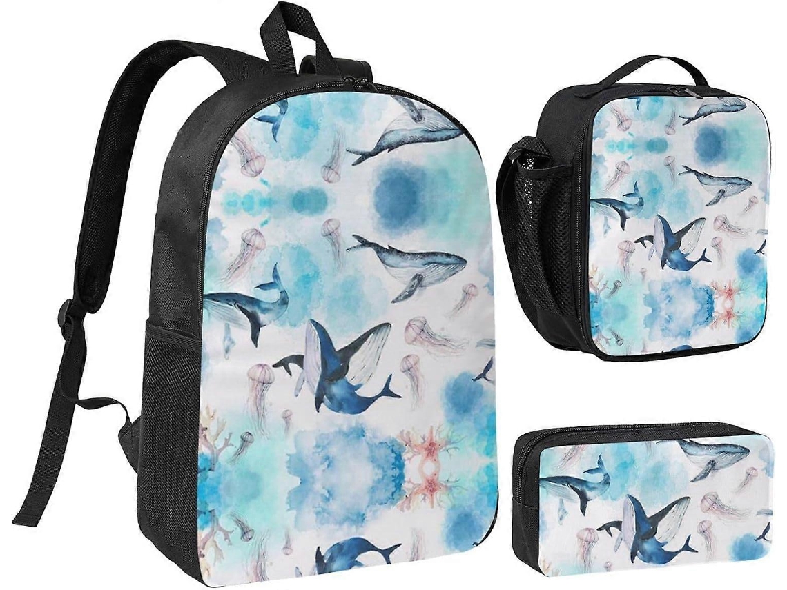 Mochila escolar de 17 pulgadas con estuche y lonchera, estampado de ballenas y medusas, a juego con Rosewell.