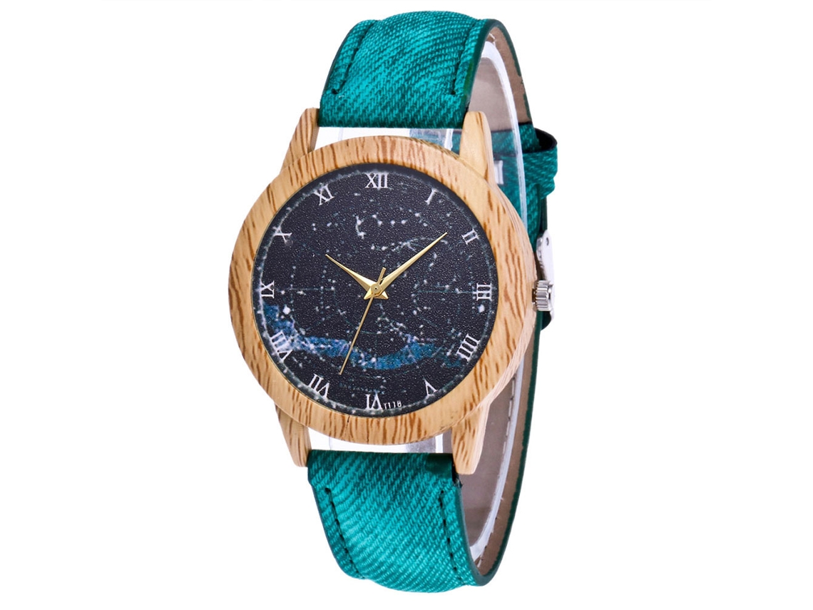 Reloj De Pulsera De Cuarzo Informal Para Mujer Con Una Encantadora Correa Vaquera De Estampado Verde.