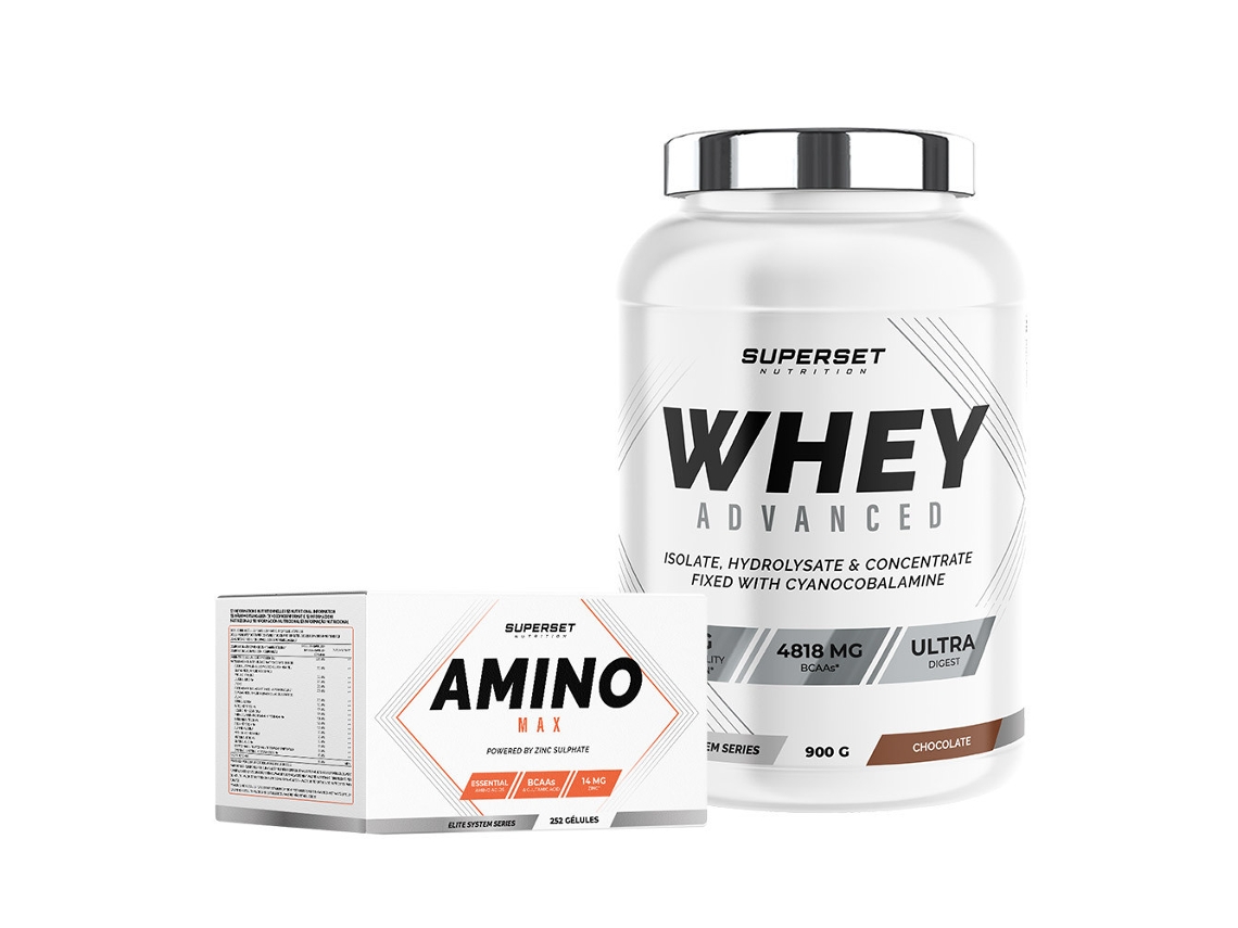 Programa Prémio De Muscle Sec Débutant 100 Whey Proteine Advanced 900g Chocolat Amino Max Superset Nutrition