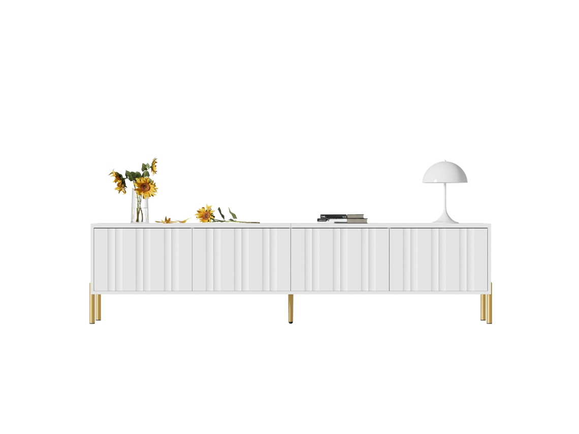 Mueble para TV blanco de 190x38x48 cm con patas doradas, puerta estriada y diseño moderno para salón.