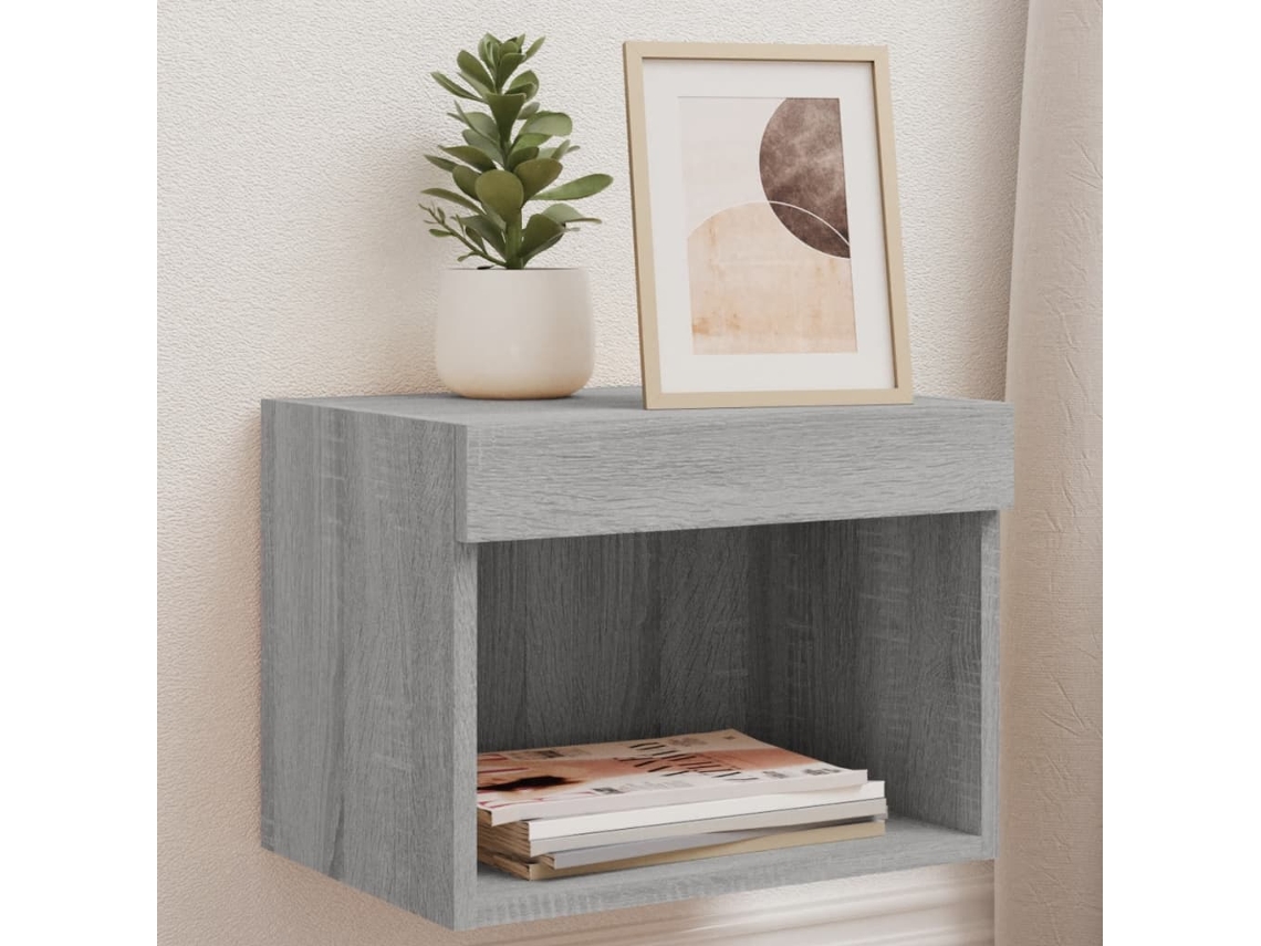 Mesita de Noche Pared Luces Led Madera Gris (40x30x30cm)