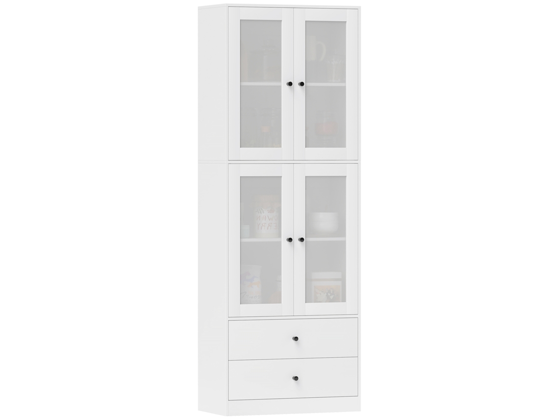 Mueble de cocina con cajones y puertas de cristal, acabado en melamina, color blanco.