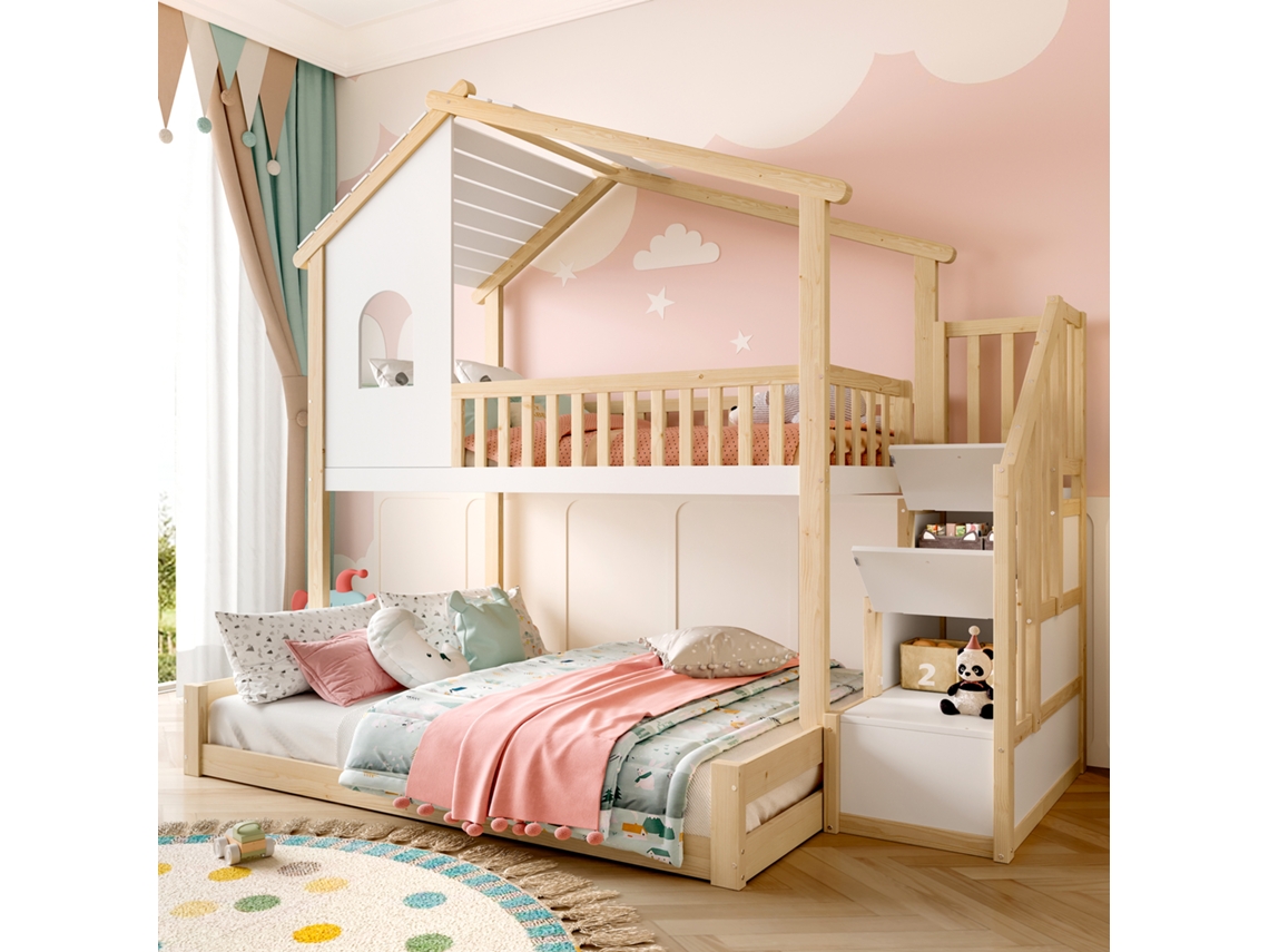 Litera De 90x200 Y 140x200 Con Escalera Y Espacio De Almacenamiento, Estilo Cabaña, Color Blanco, De Madera.