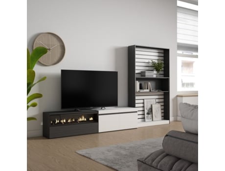 Muebles de Salón para TV SKRAUT HOME Para TV hasta 80", Chimenea eléctrica, Blanco y Negro (310x186x35 cm)