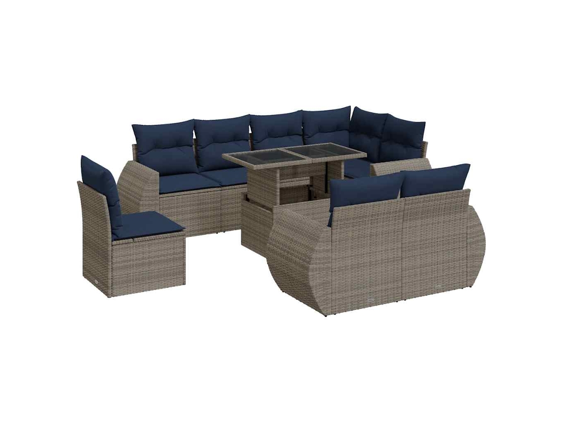 Conjunto de 9 sofás de jardín con cojines, mimbre/madera de acacia, gris, EXCLUSIVO DE LA CASA