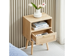 Mesa Auxiliar De Ratán Con Cajón Y Patas De Madera Maciza, Mesita De Noche Moderna, Mesa Auxiliar Para Salón, Dormitorio.