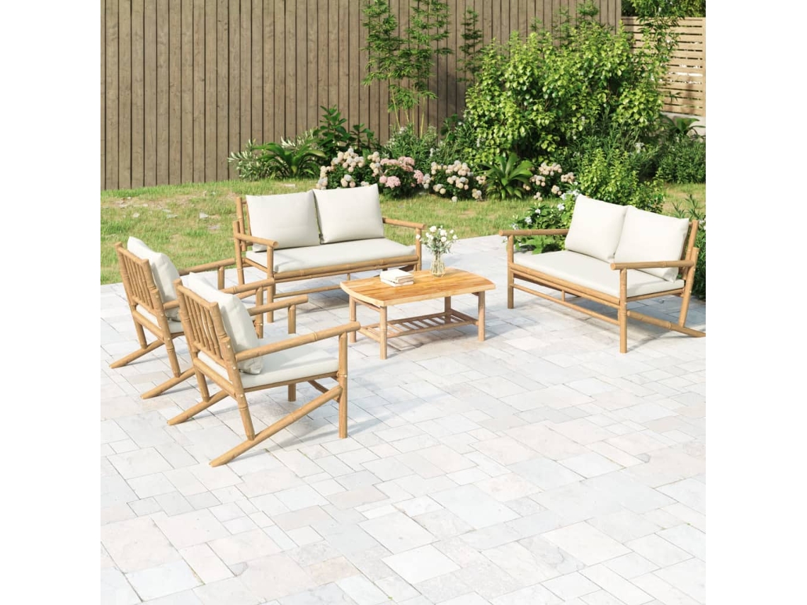 Conjunto Lounge Jardim Bamboo 5 Pcs C/ Almofadões Branco Nata Dkd Home Decor