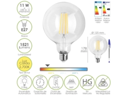 Bombilla led filamento globo e27. 11 watt. equivale a 100 watt. 1521 lumenes. luz calida 2700 k.