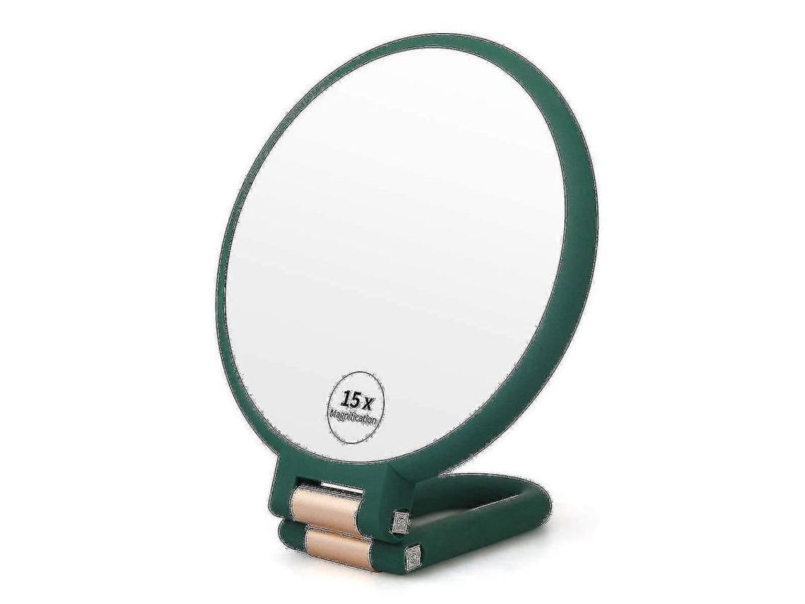 Espejo De Mano Con Lupa De 15x, Plegable Con Base Giratoria De 360°, Ideal Para Viajes Y Baño, Color Verde Militar.