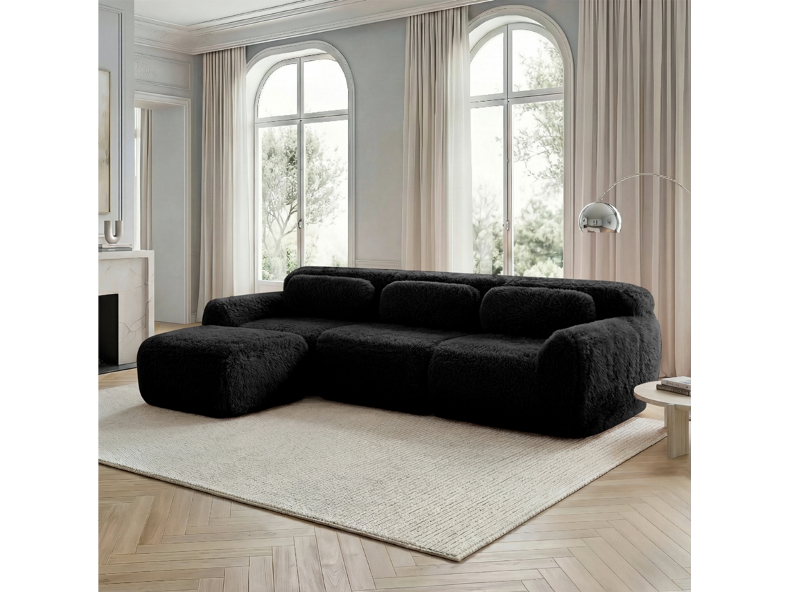 Sofá Modular L 3 Plazas - Plush Suave, Sin Marco, Sin Montaje, Con Cojines - Negro
