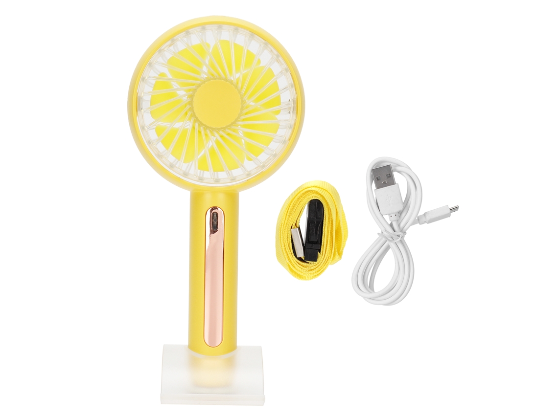 Ventilador de mesa eléctrico portátil, 4 velocidades, ajustable 15°, amarillo