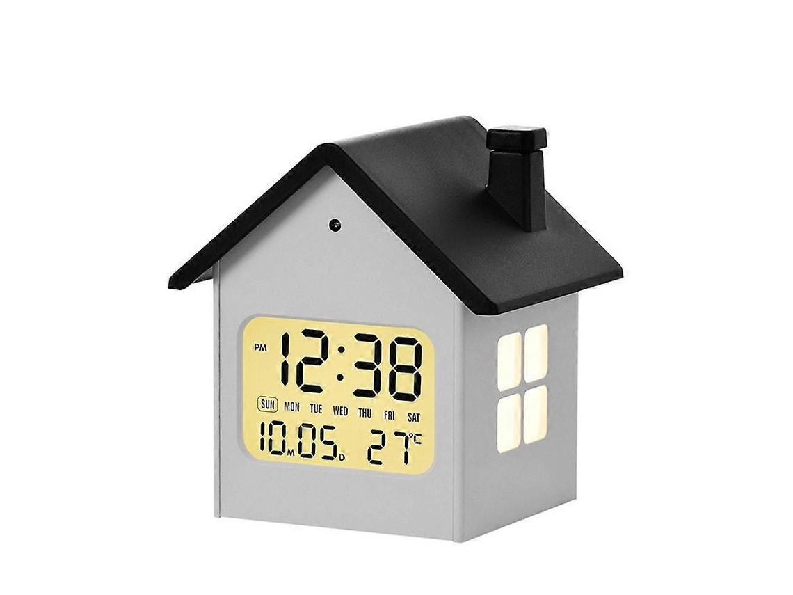 Reloj de mesilla multifuncional GOKOCO con forma de casa, luz nocturna y pantalla LCD.
