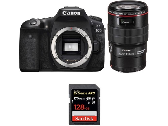 Kit Cámara CANON EOS 90D + EF 100mm f/2.8L Macro IS USM + SanDisk 128 GB (APS-C)