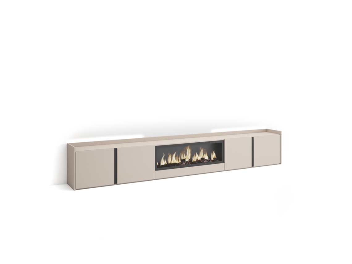 Mueble Tv, Televisión, 315x35x50cm, Para Tv Hasta 80", Chimenea Eléctrica Xxl, Led, Beige