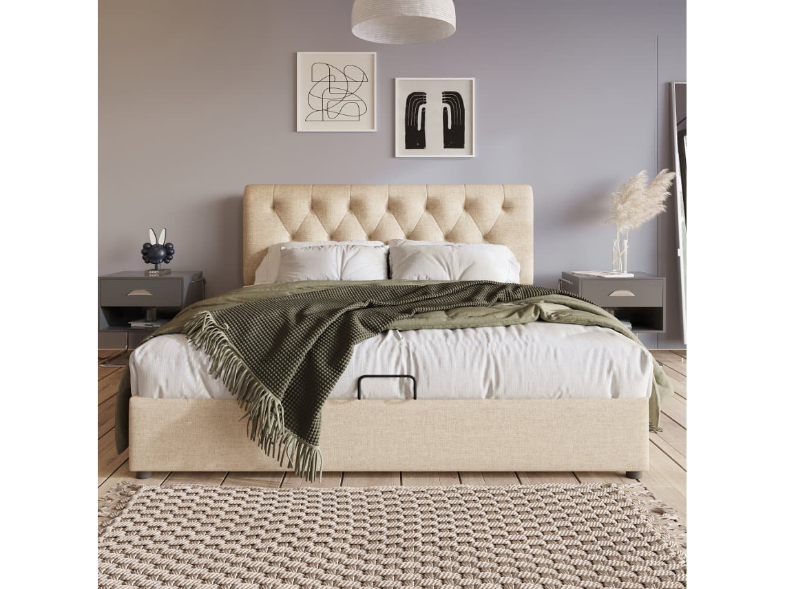 Cama Doble 160x200 - Polsterbett Hidráulica Con Cabecero Ajustable Y Almacenamiento - Natural