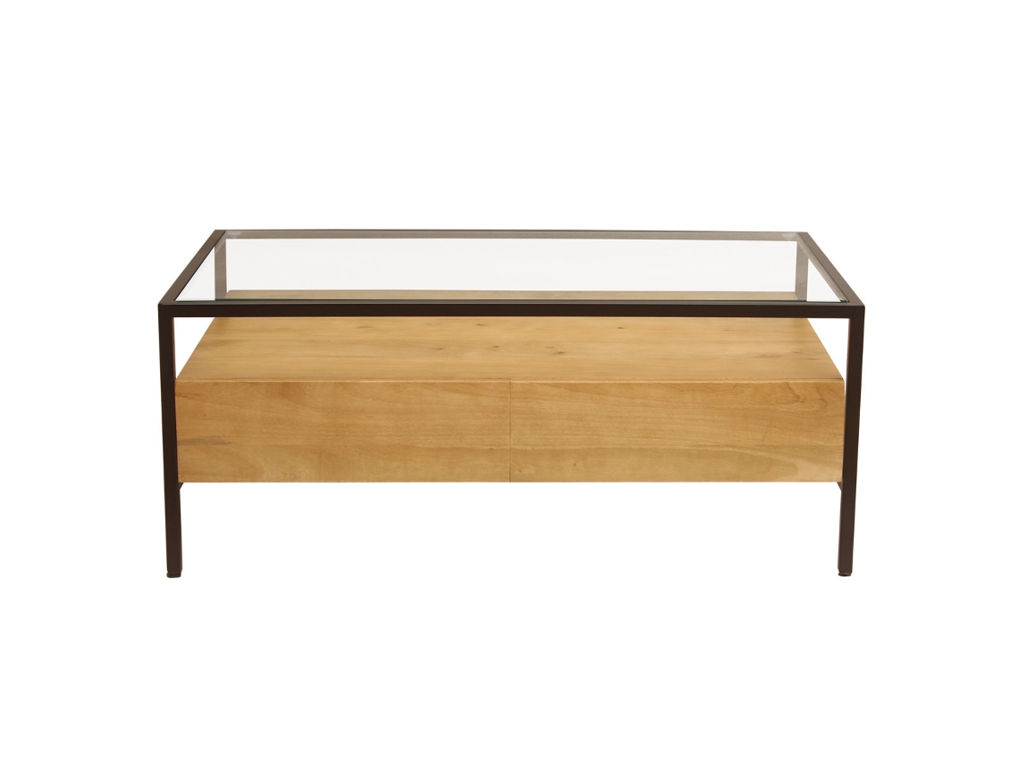 Mesa de Centro Rectangular Con Almacenaje de Madera Maciza de Mango Cristal Y Metal Negro 100 Cm Sita MILIBOO