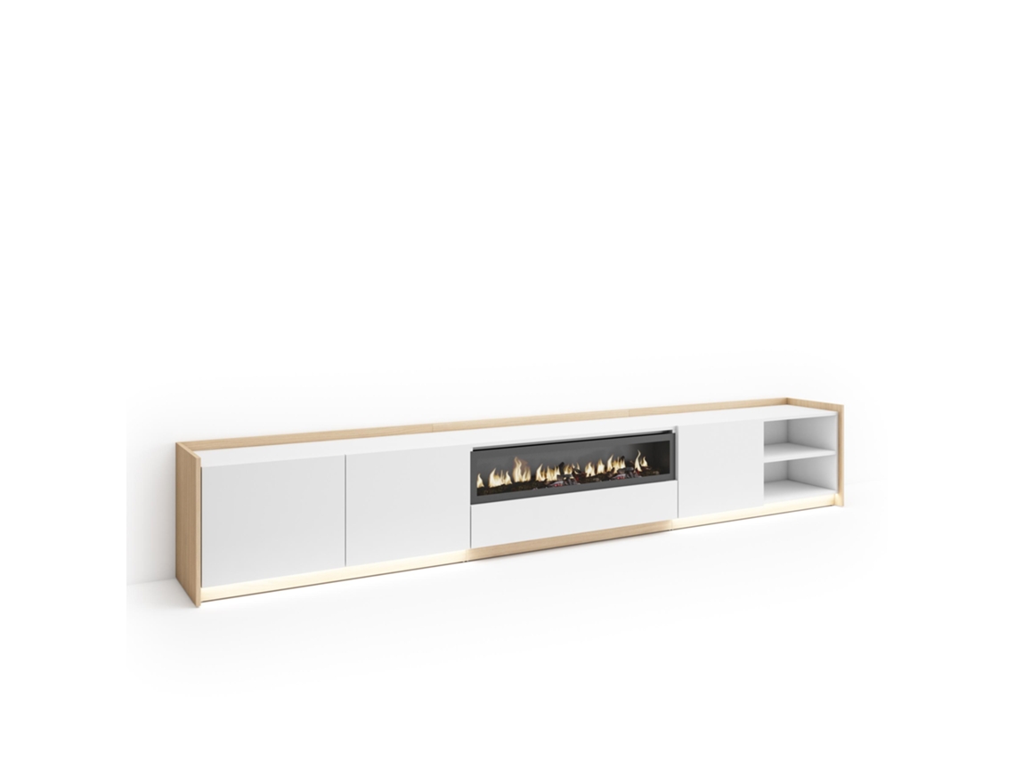 Mueble Tv, Televisión, 310x37x50cm, Para Tv Hasta 80", Chimenea Eléctrica, Led, Blanco Y Roble Soft