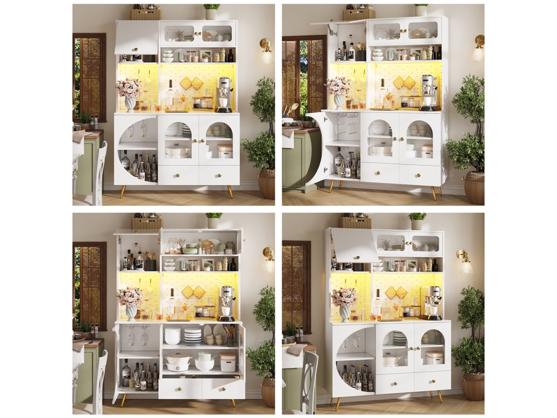 Aparador Alto Led - Con Usb, Enchufes, Estantes De Cristal Y Cajón - Blanco