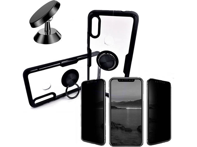 Kit Carcasa, Protector Privacy y Soporte Magnetico Auto Xiaomi Redmi Note 7 Clear Armor Negro