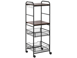 Carrito De Cocina De 4 Niveles Con Ruedas, 2 Cestas, Estantes Y Ganchos Laterales, 40 X 38 X 111 Cm, Nogal