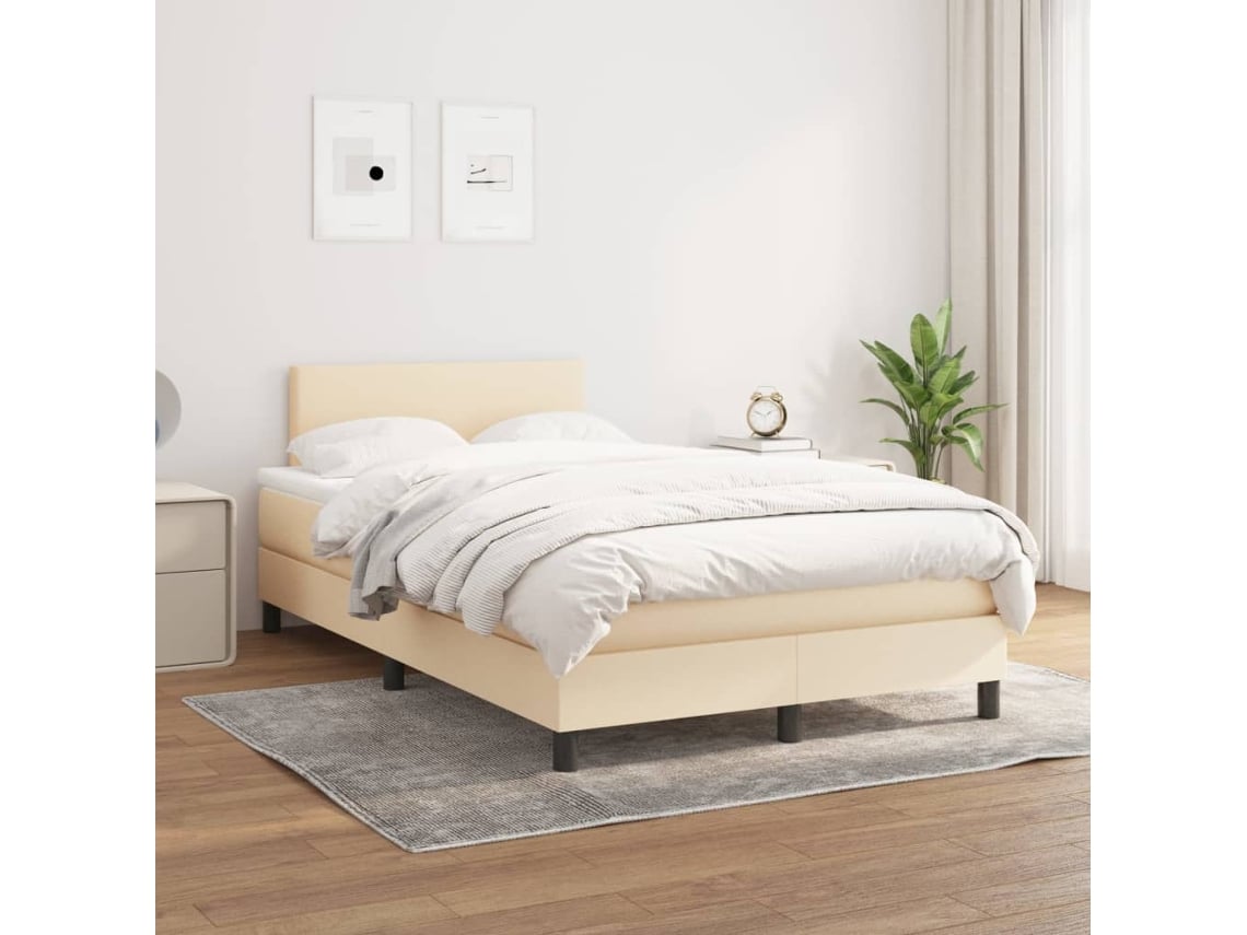 Cama Box Spring Con Colchón Tela Color Crema 120x200 Cm