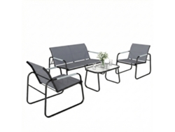 Conjunto de jardín de 4 piezas: sofá de 2 plazas, 2 sillas, mesa de centro, estructura de metal gris.