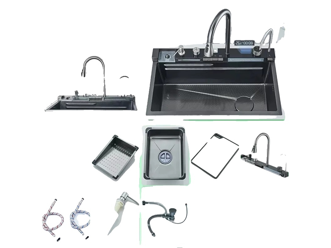 Fregadero de cocina de acero inoxidable con caño retráctil, 75 x 46, juego A, 1 unidad, OEM