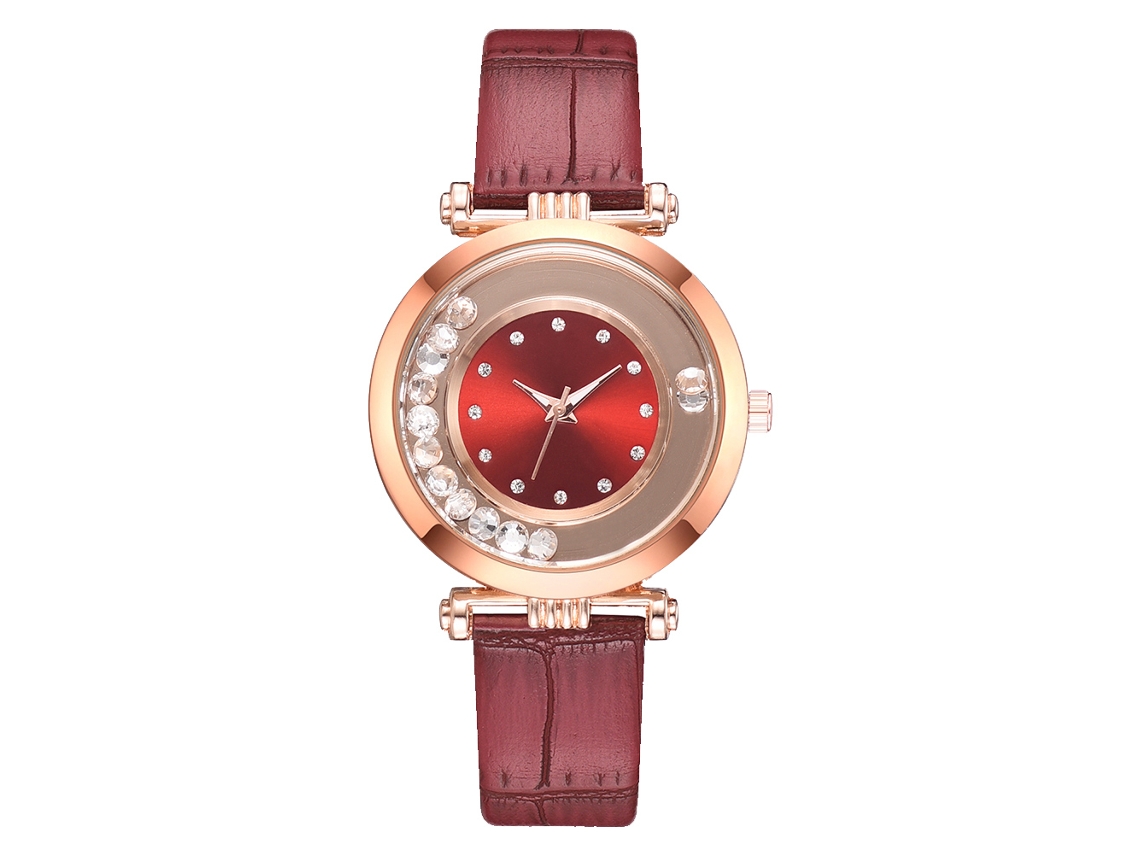 Reloj De Pulsera De Cuarzo Para Mujer Con Correa De Piel Sintética Y Esfera Roja Con Pedrería.