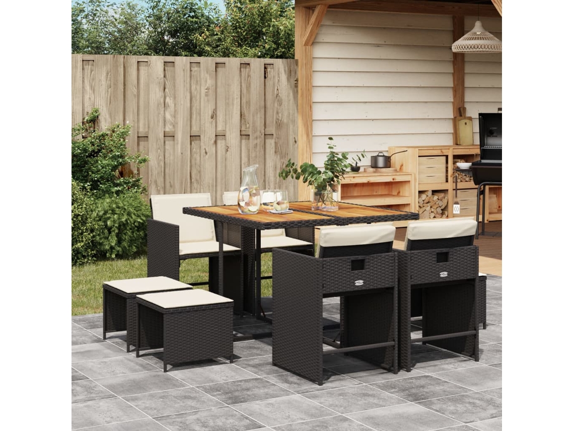 Juego de comedor de jardín de 9 piezas con cojines, mimbre sintético negro, DKD Home Decor