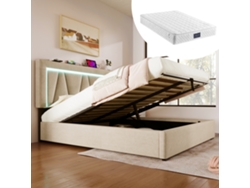 Cama Tapizada Led 160x200 - Cama Con Función De Carga Usb Tipo C E Iluminación Led, Tejido De Lino, Con Somier (con Colchón)