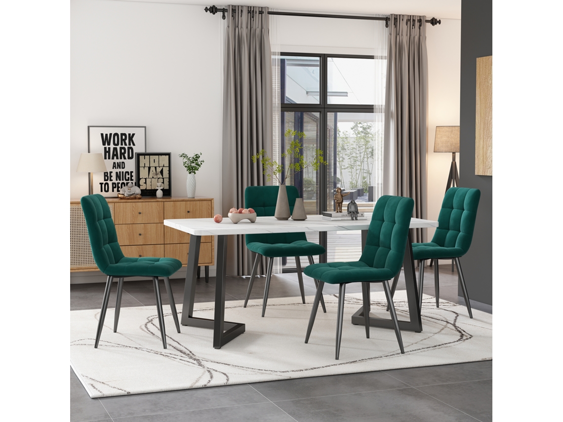 Conjunto Mesa Comedor 117cm - Mesa Rectangular Con 4 Sillas, Tela Terciopelo Verde, Patas Negras