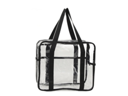 Bolso grande transparente de PVC con correa negra ajustable.