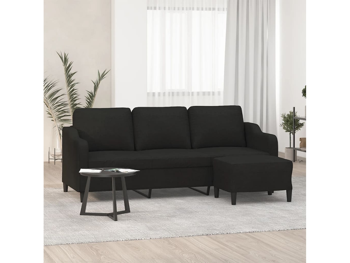 Sofá De 3 Plazas Con Taburete De Tela Negro 180 Cm