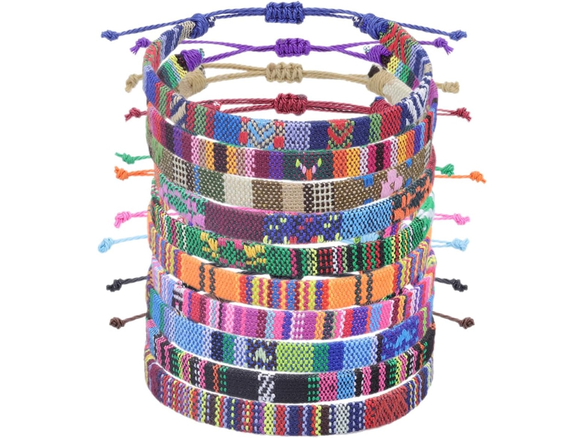 Conjunto De 10 Pulseiras De Tecido Étnico Trançado Em Estilo Retrô, Ajustáveis E Confortáveis Ao Toque.