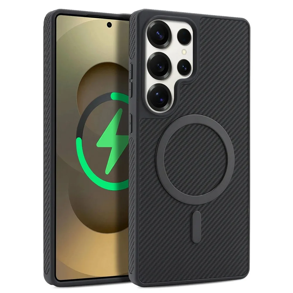 (negro, Galaxy S24 Ultra) Lujosa Funda Para Teléfono Con Textura De Cuero Y Fibra De Carbono, Compatible Con Carga Magsafe.