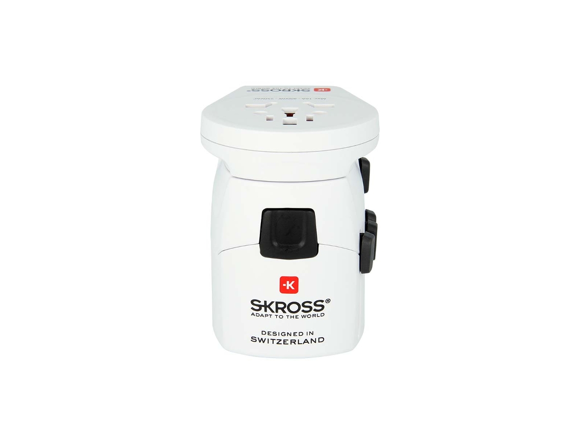Adaptador de viaje Skross de 3 polos para todo el mundo con puerto USB, 12 W, 2,4 A, blanco
