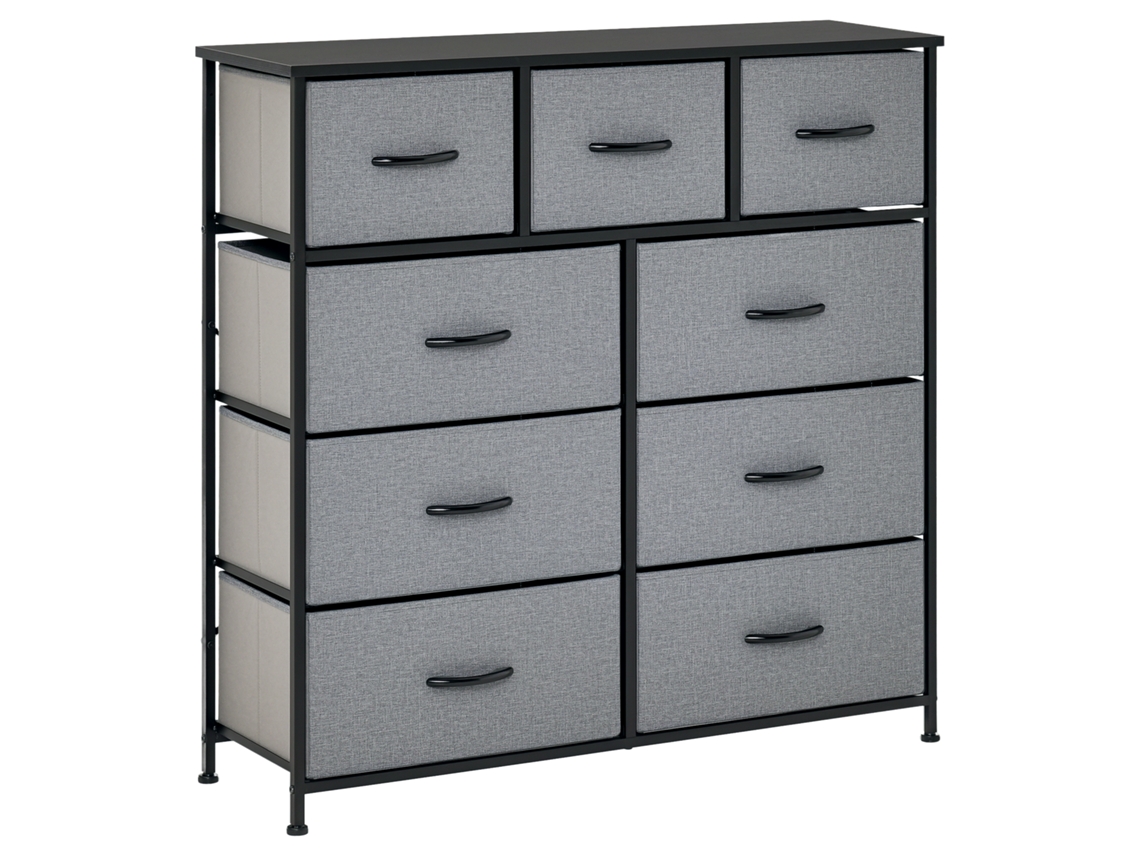 Cómoda De 9 Cajones, Mueble De Almacenamiento Con Cajones Plegables De Tela - Estructura De Acero Negro - 100 X 30 X 100 Cm, Negro Y Gris