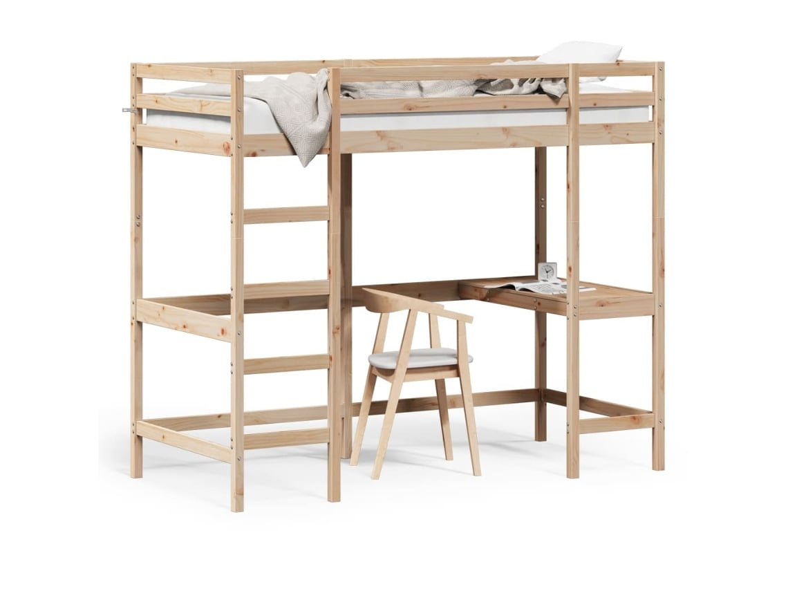 Cama Alta Con Escritorio 100x200 Cm Madera Maciza De Pino Dkd Home Decor