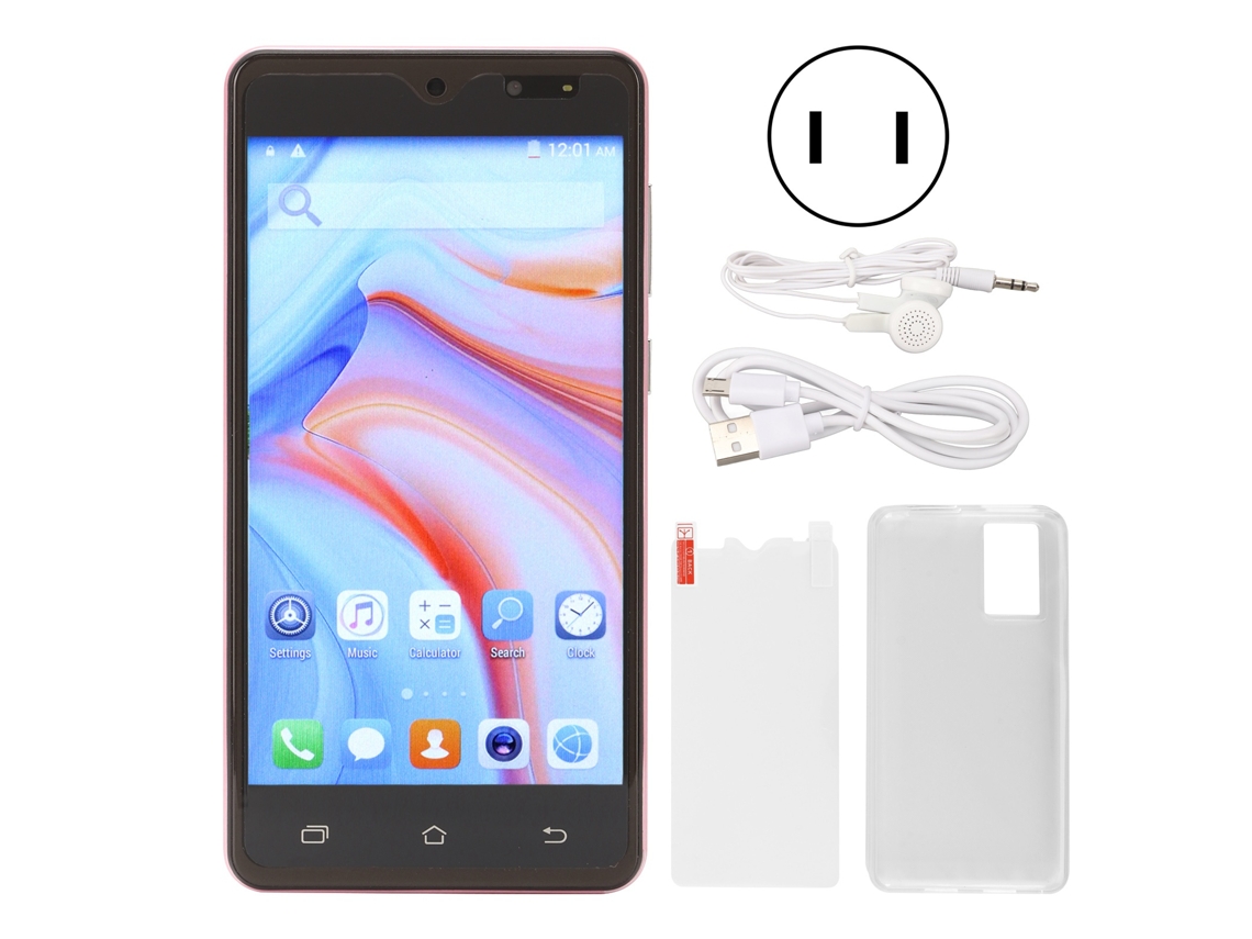 Smartphone rosa, 5 pulgadas, 4800 mAh, procesador de 8 núcleos, Android 11.0, 2 GB de RAM, 16 GB de ROM, pantalla HD de 1920x1080, conector USB.