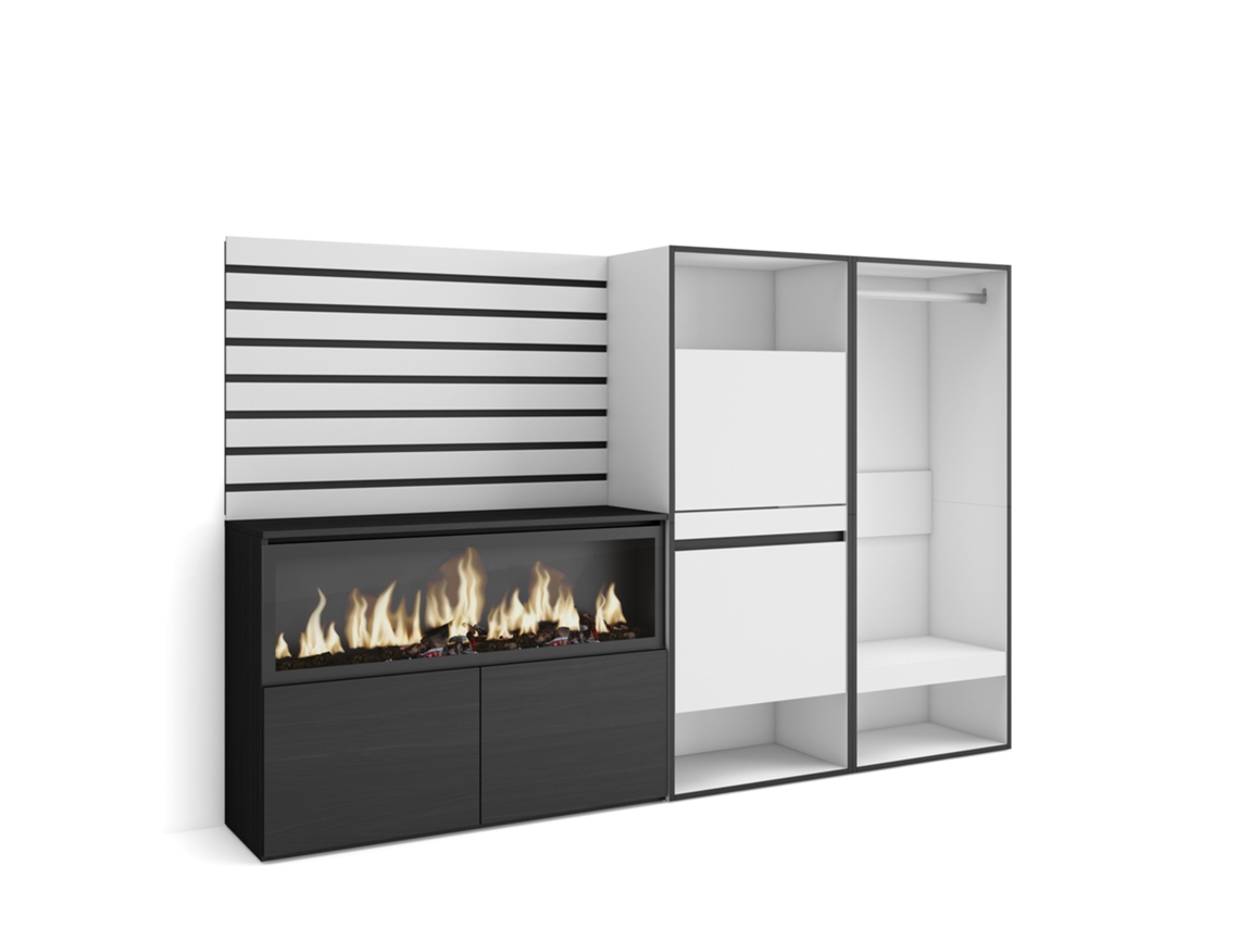 Aparador, Buffet | Amplio espacio de almacenaje | 227x145x35 cm | Para dormitorio | Chimenea eléctrica XXL | Zapatero | Armario abierto | Blanco Duérmete Online