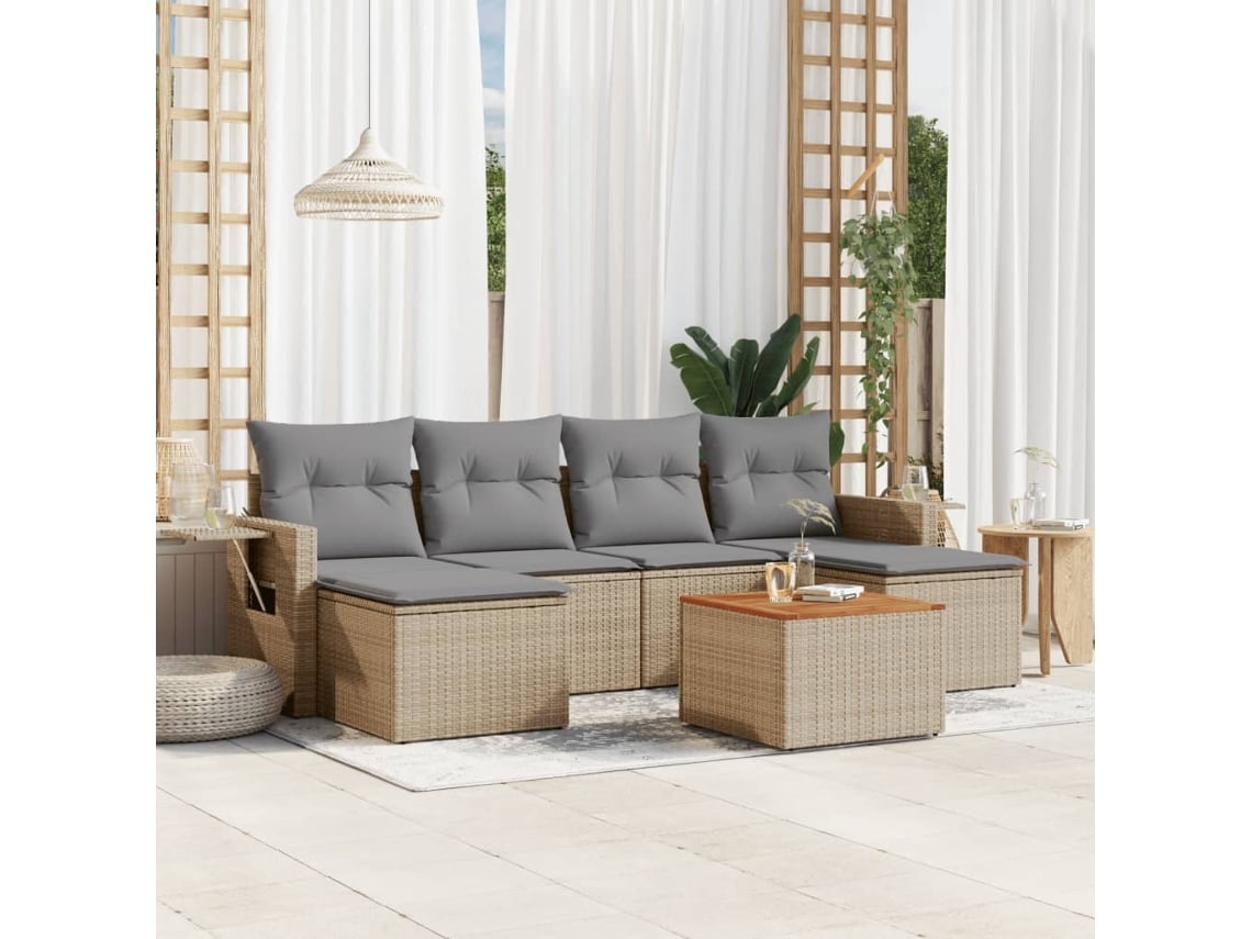 Conjunto de sofá de jardín de 7 piezas con cojines, mimbre beige mixto, DKD Home Decor