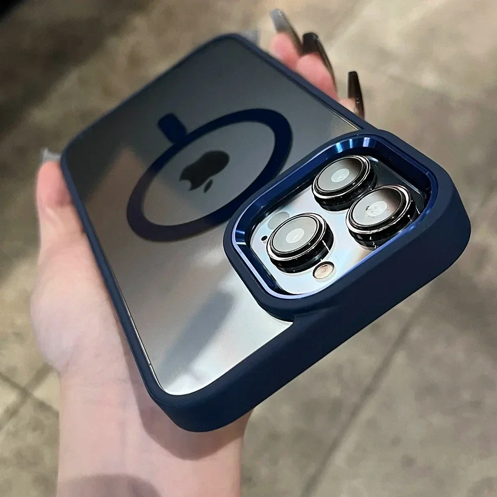 (iphone 14 Pro Max, Azul) Funda Protectora Transparente Magnética Para Carga Inalámbrica Magsafe, Marco A Prueba De Golpes.