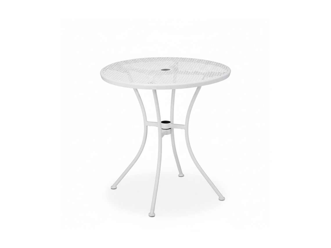 Relaxdays Mesa Jardín, Agujero Para Sombrilla, Diseño Rejilla, Acero Resistente, 72x70 Cm, Mesita Balcón Redonda, Blanco