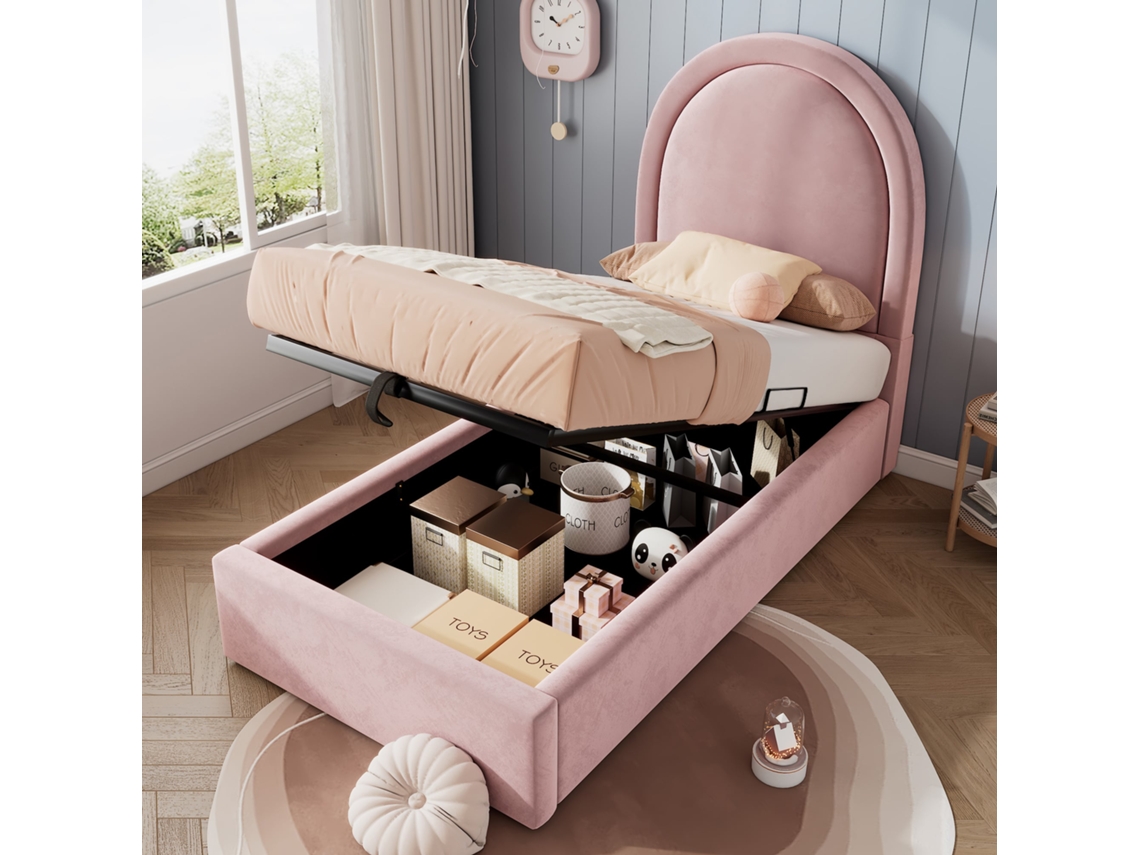 Cama Infantil De Terciopelo Rosa, 90x190 Cm, Diseño Moderno.