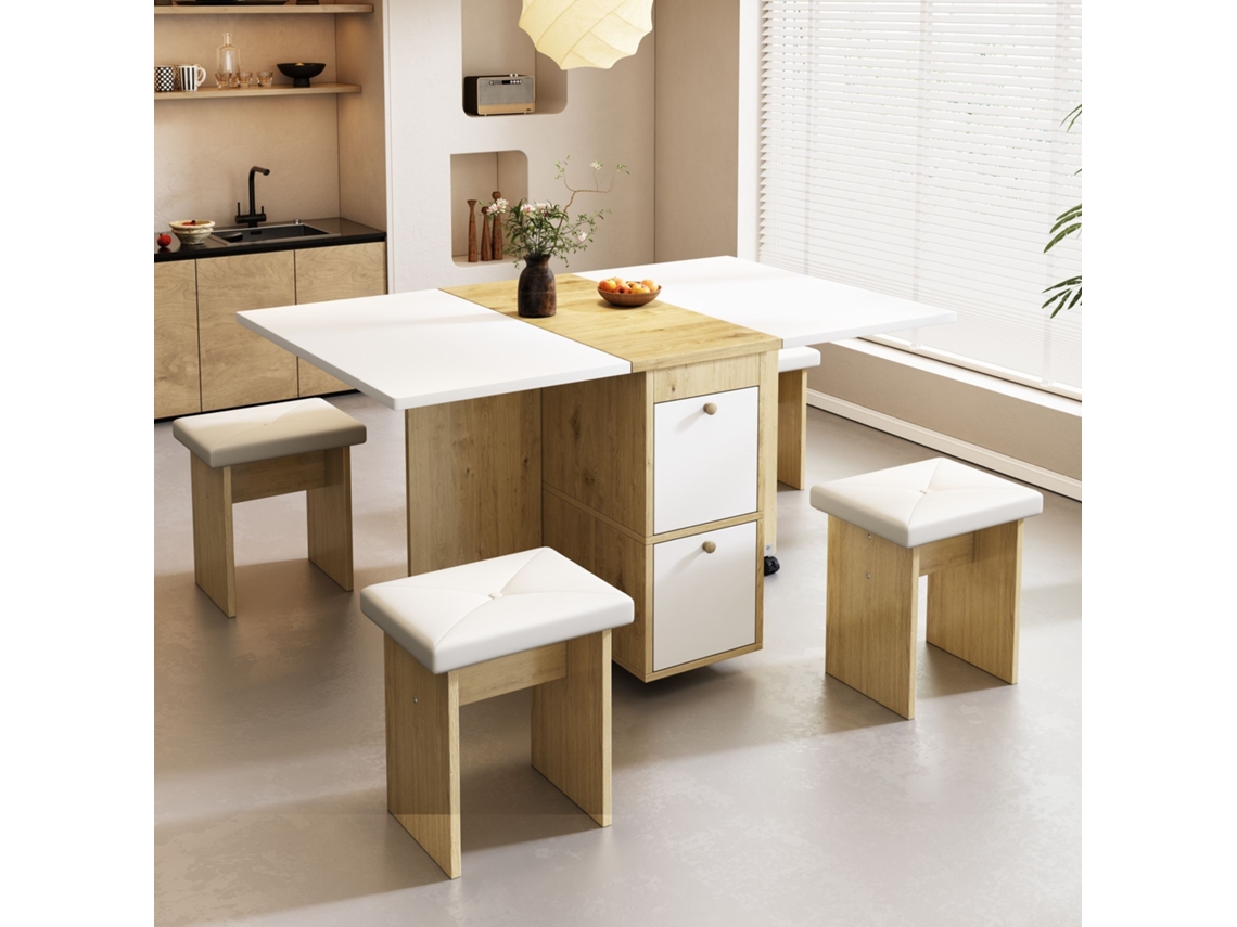 Conjunto de mesa de comedor 120x80x75 cm, extensible y plegable con 4 sillas, estilo roble blanco.