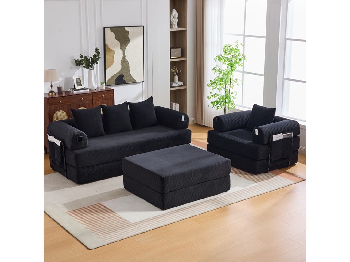 Sofá Modular De 4 Plazas En Terciopelo De Pana Con Bolsillo Lateral Y 4 Cojines.