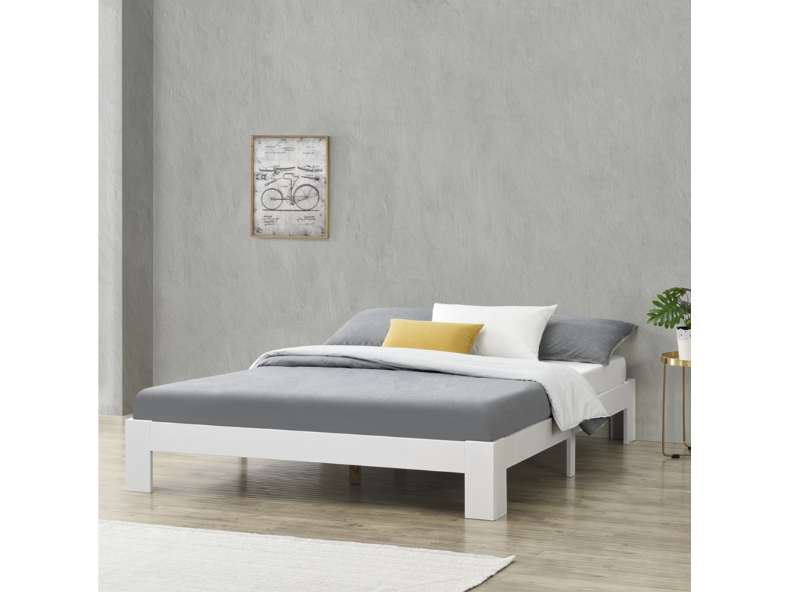 Cama de Matrimonio [ES.CASA] (204 x 164 x 30 cm - Madera de Pino - Blanco)