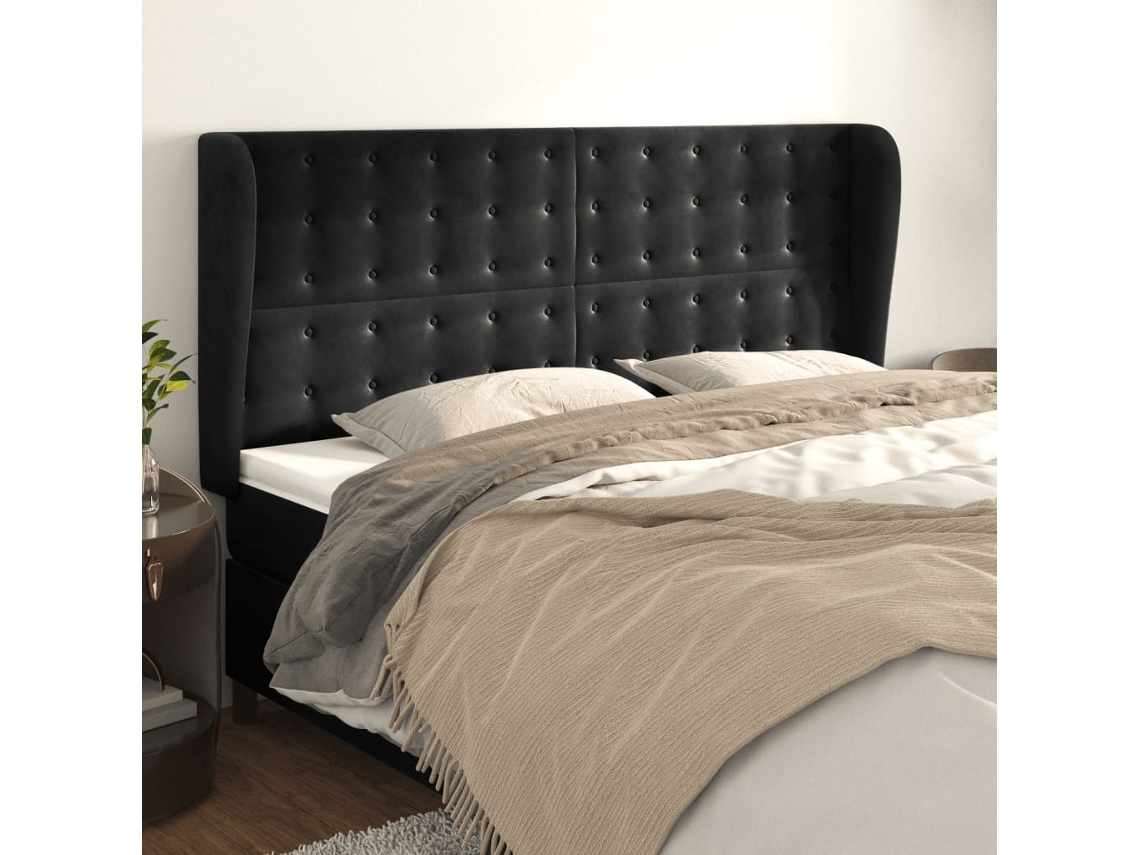 Cabecero Con Orejas De Terciopelo Negro 203x23x118/128 Cm