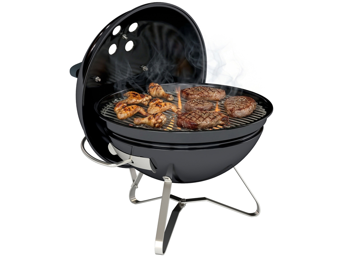 Parrilla portátil de carbón con tapa, asa y ventilación ajustable, 41x41x44cm, negra